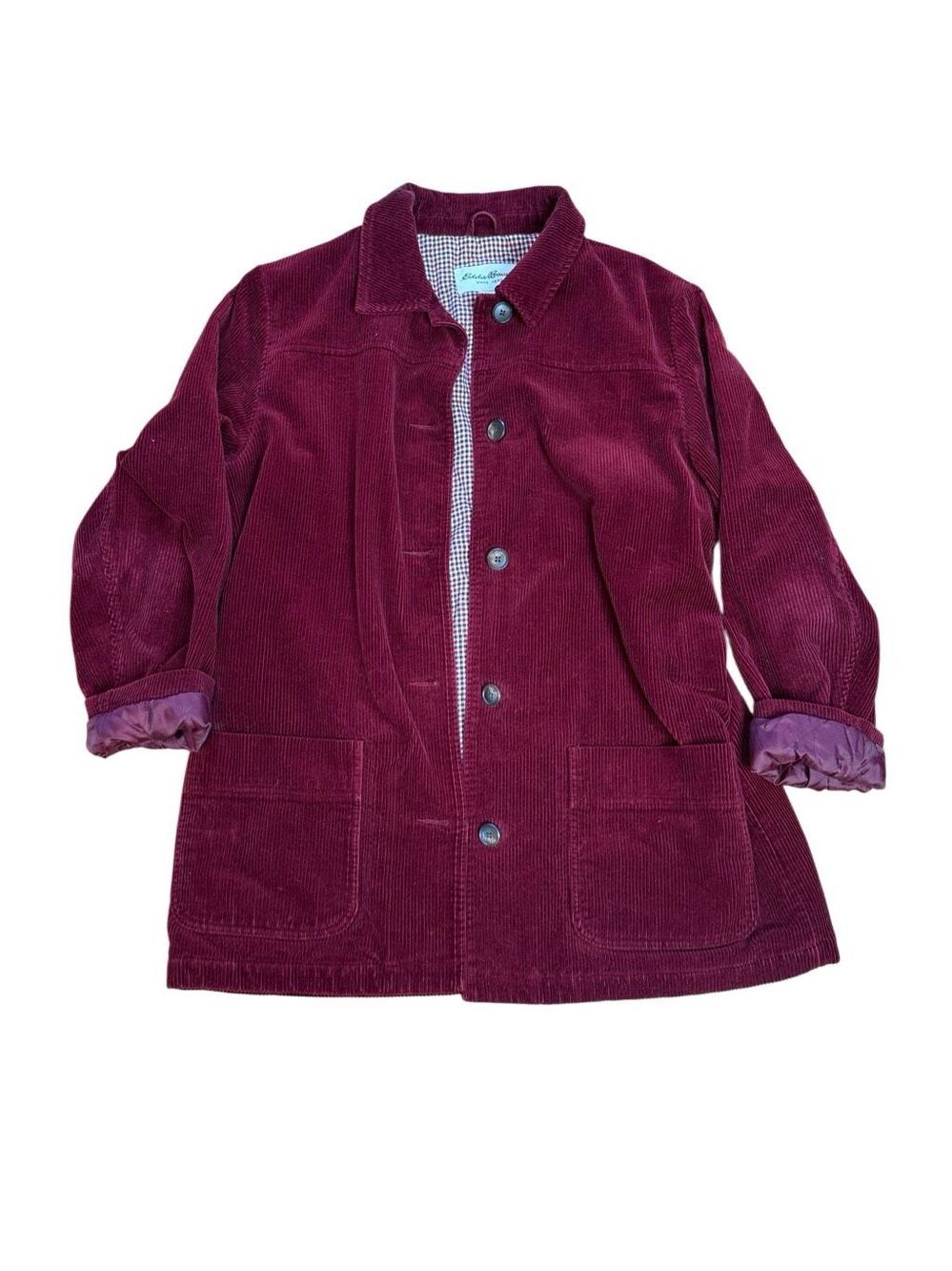 90s Vintage Eddie Bauer Red Corduroy Quilt Lined Barn Chore Coat Large Tall